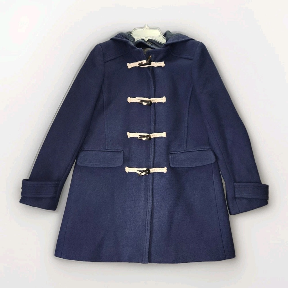 J Crew Duffle Long Coat Hood Blue Wool Blend Toggle‎ Women 6 Toggle Rope Close